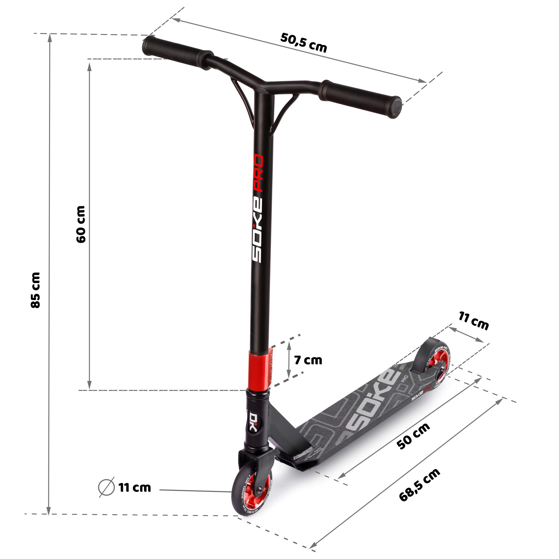 SOKE Stunt Scooter PRO Kick-Scooter mit ABEC 9 Kugellager Tretroller Trick Roller für Erwachsene und Kinder Zweirad Freestyle Cityroller | 2 Räder | Tragkraft 100kg (Schwarz-Rot)