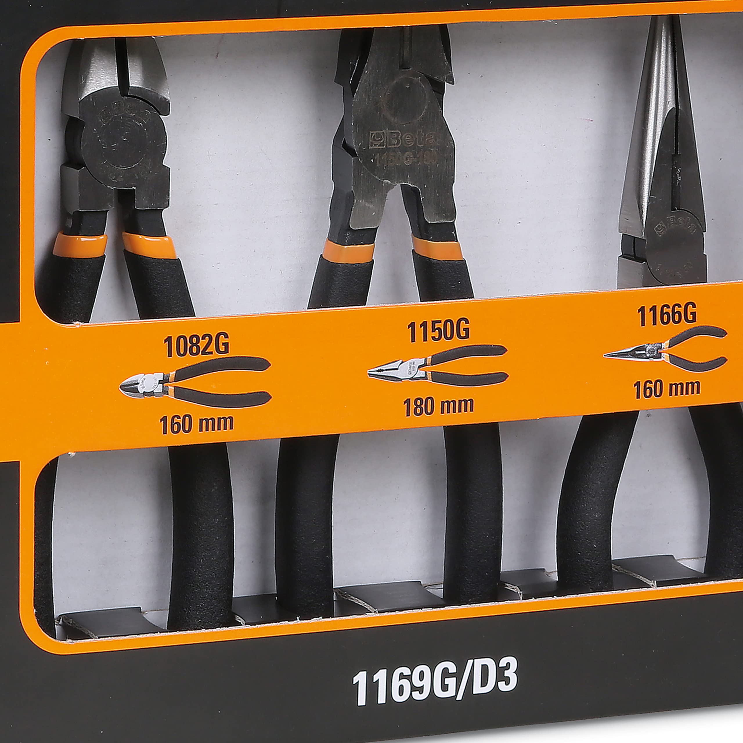 Beta 1169G/D3 - Sortiment aus 1 universalzange, 1 zange mit langen halbrunden backen und 1 schneidzange, mit zweischichtigem überzug aus rutschfestem PVC, mit industrie-finish