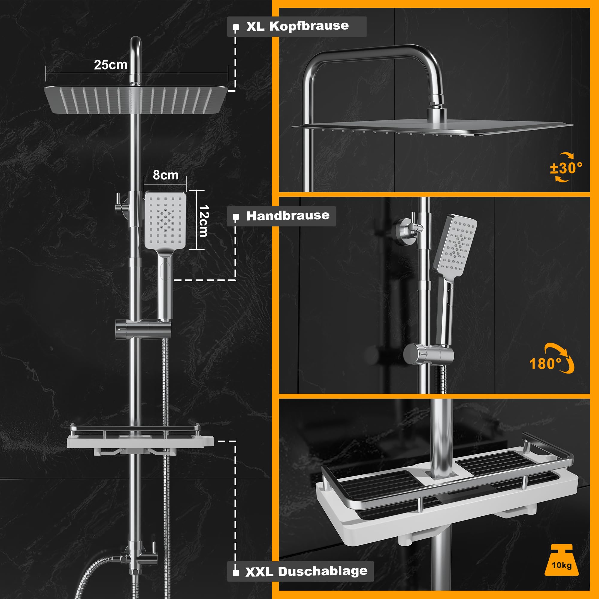 Görbach Regendusche Duschset ohne Armatur mit Ablage, Edelstahl Duschsystem mit Duschregal, Duschstange, Wassersparend, Kopfbrause 25x25cm Chrom