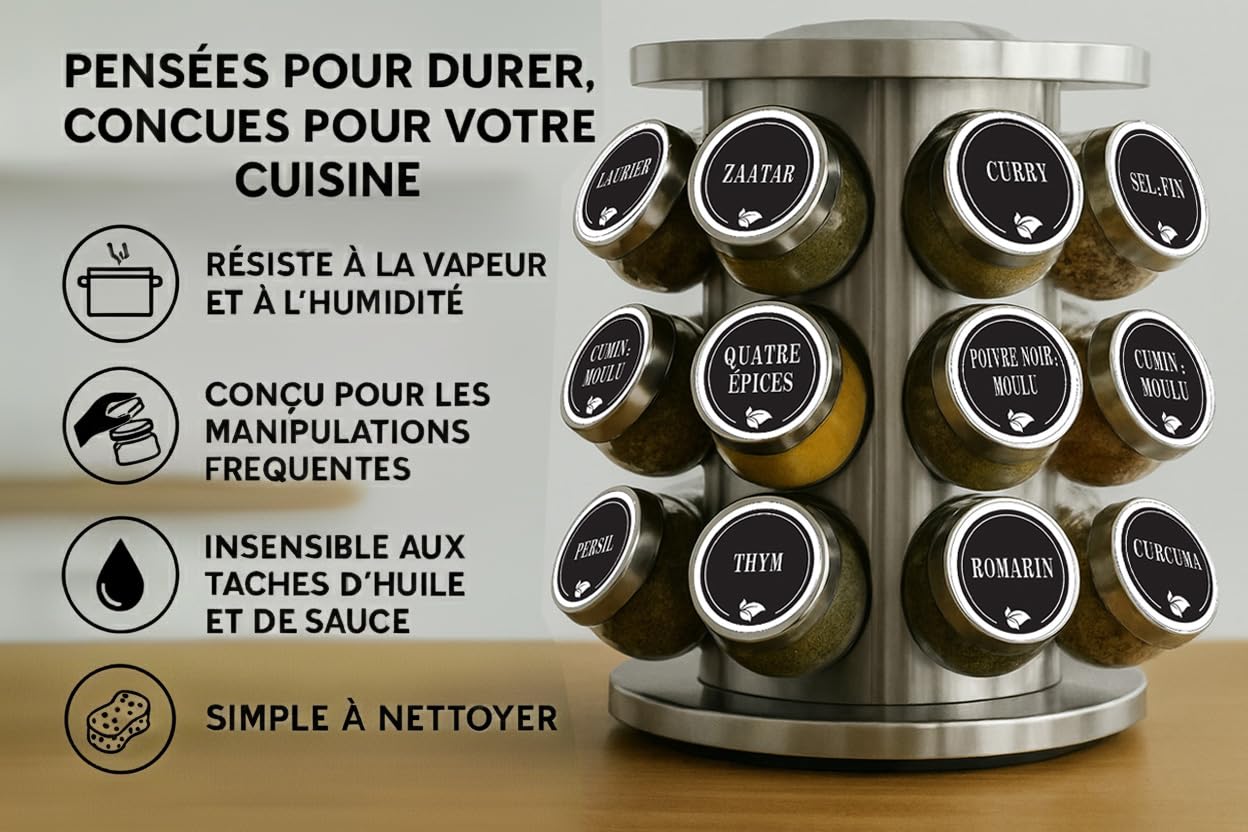 Französische Gewürzetiketten für Einmachgläser – 200 selbstklebende Sticker schwarz – rund & rechteckig – weißer Marker inklusive – Küche organisiert & lesbar