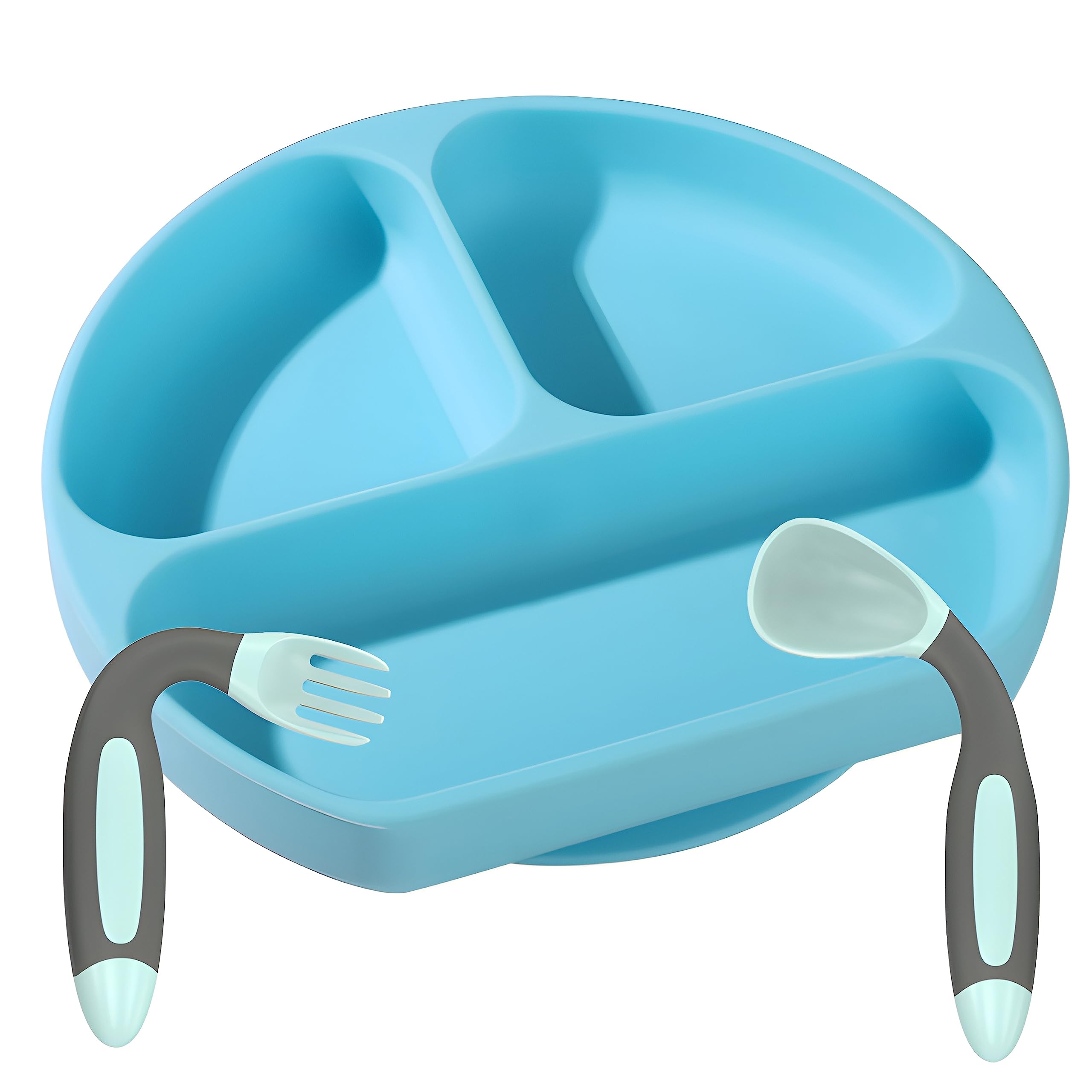 Hallo Nature Babyplatte mit Saugnapf inklusive Kinderbesteck, Anti-Rutsch-Kindergeschirr, Silikonplatte für Babybrei, Kinderteller, BPA-freier Tischgeschirr, Kindertischset, Farbe: blau