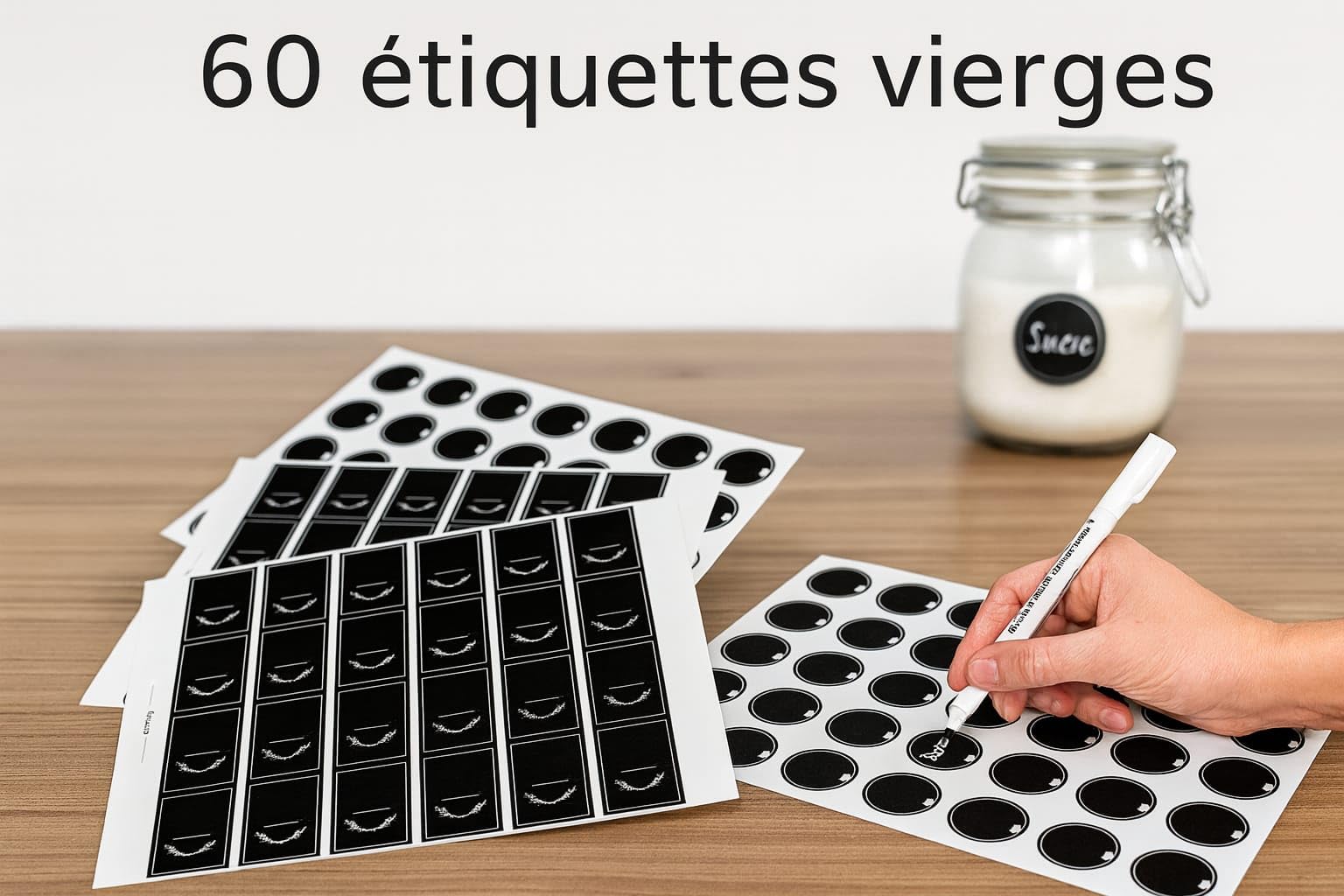 Französische Gewürzetiketten für Einmachgläser – 200 selbstklebende Sticker schwarz – rund & rechteckig – weißer Marker inklusive – Küche organisiert & lesbar