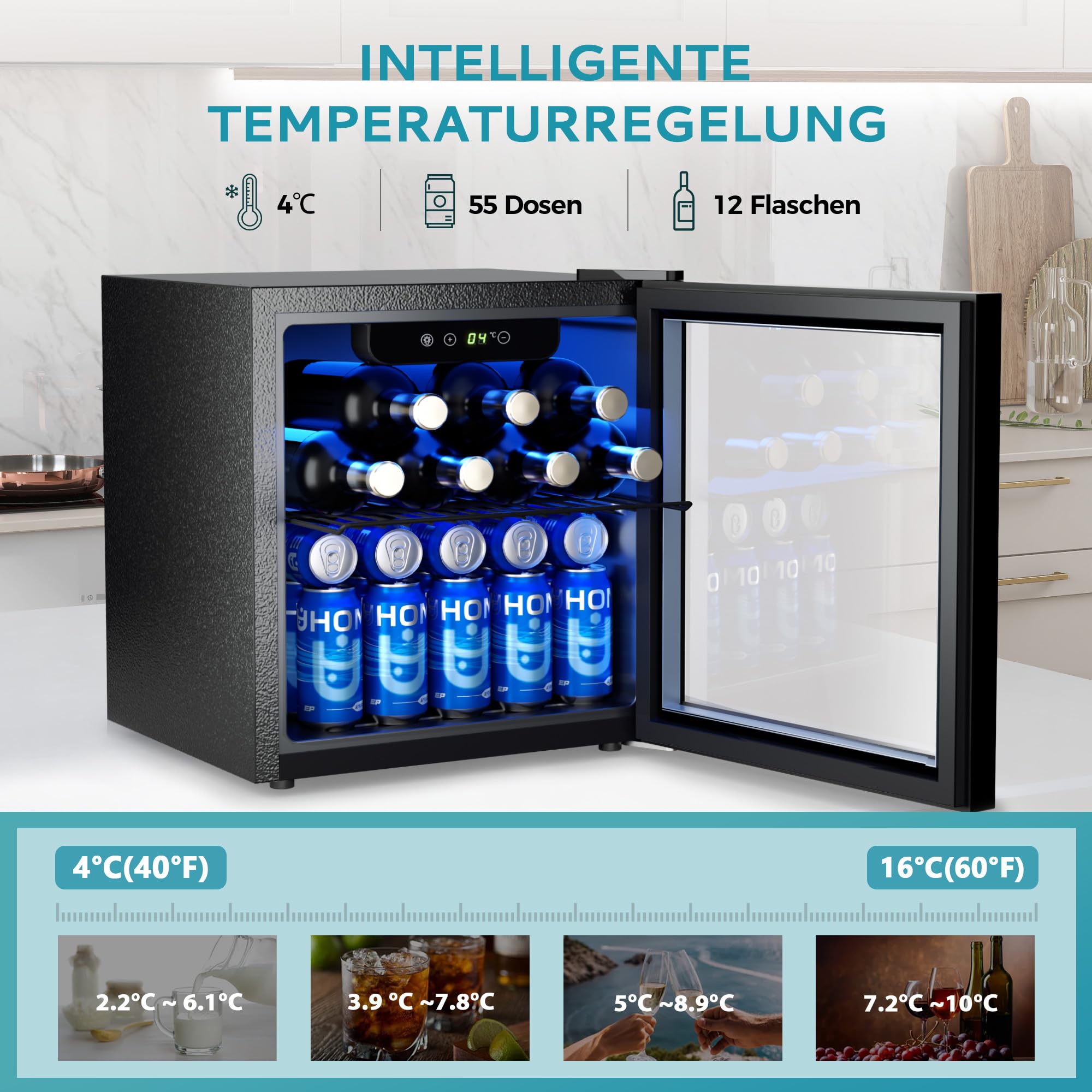 EUHOMY Getränkekühlschrank, Mini Kühlschrank mit Glastür, Bierkühler, Tisch-Getränkekühlschrank für 55 Dosen, Schwarz Freistehender Kühlschrank mit LED, 43dB, für Büro, Zimmer, Bar, 36L, Geräuscharm
