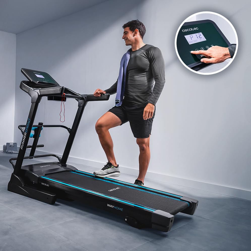 Cecotec Faltbares Laufband DrumFit WayHome, Neigung, Massagegürtel, Hanteln und Schaumstoffstangen, 1-18 km/h, 12 Programme, Breite Lauffläche