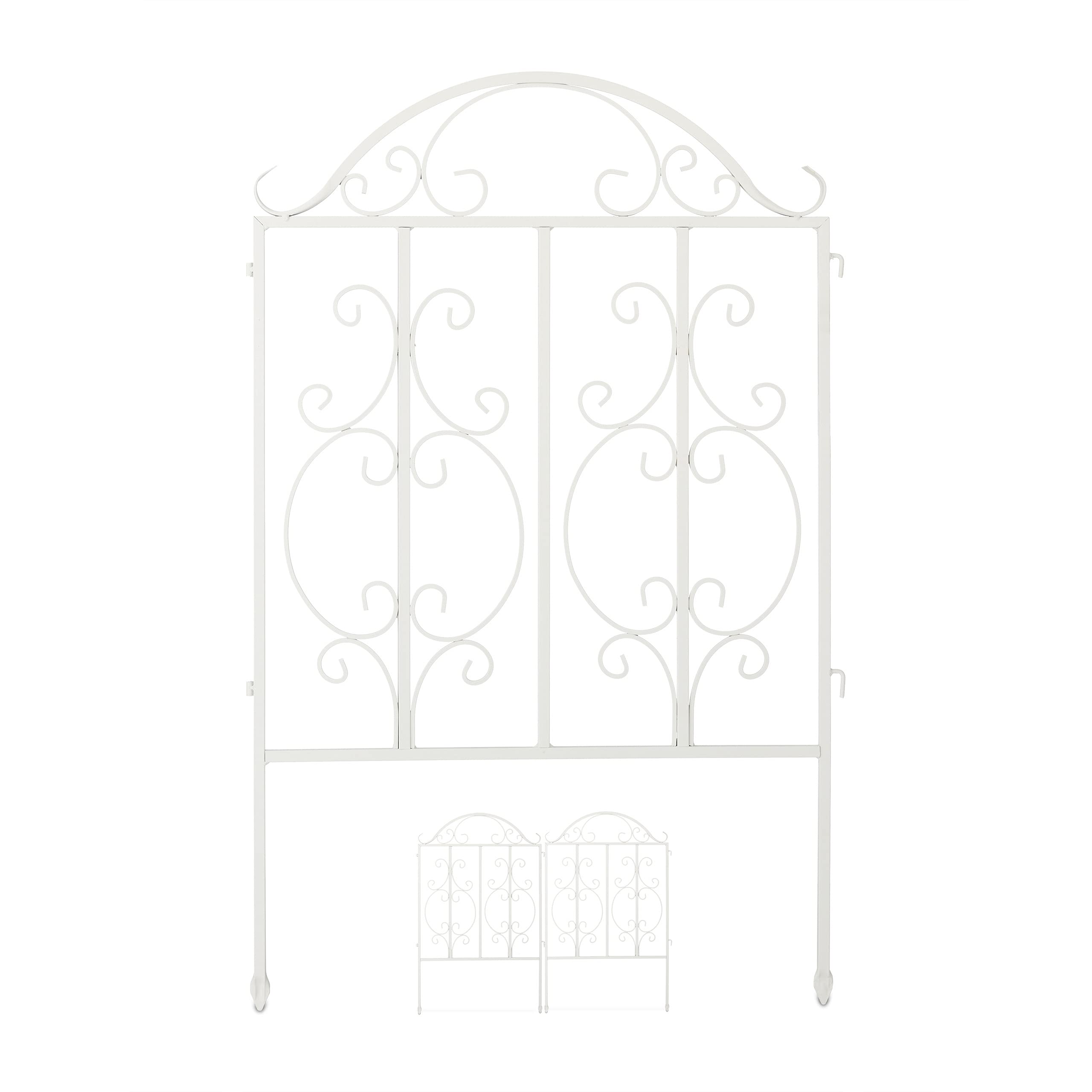 Relaxdays Gartenzaun aus Stahl, Zaunstecksystem 3er Set, verzierter Vorgartenzaun, Zaunelement HxB: 98 x 63,5 cm, weiß