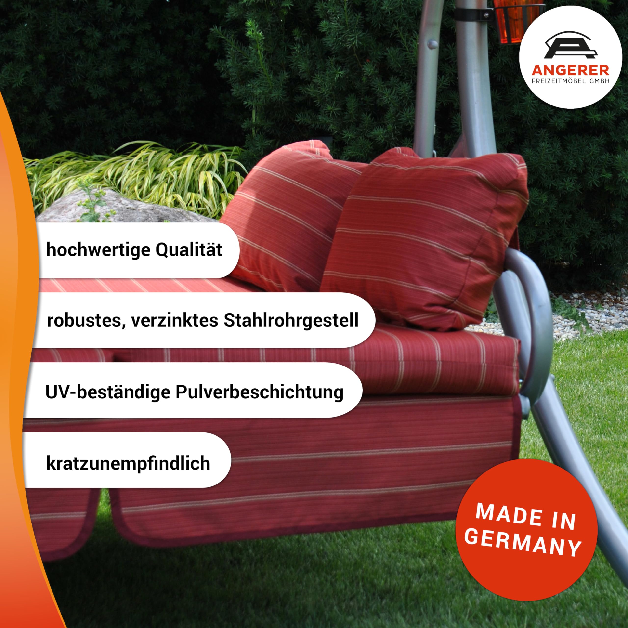 Angerer Hollywoodschaukel Ibiza – Schaukel zum Sitzen, Liegen & Entspannen, inkl. Bett-Funktion, einfache Montage, Made in Germany, hochwertiger Stoff, Bordeaux mit Streifen