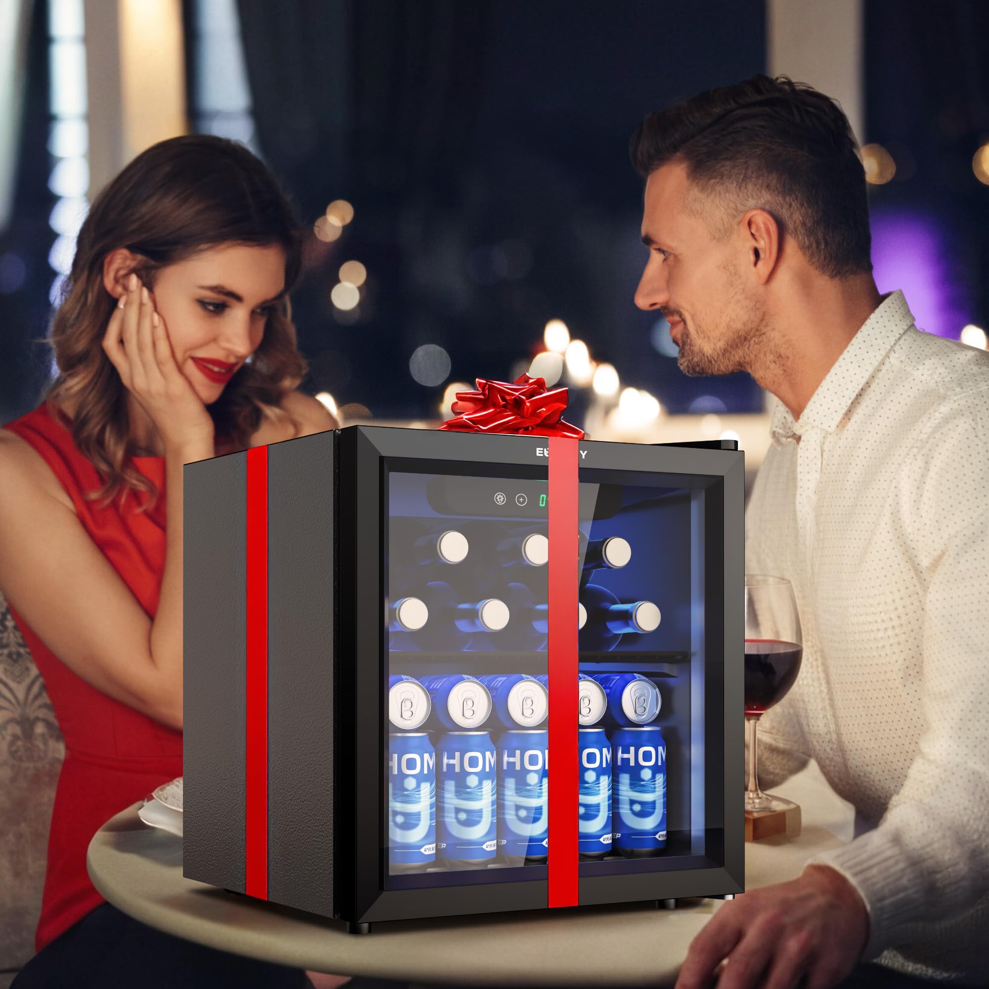 EUHOMY Getränkekühlschrank, Mini Kühlschrank mit Glastür, Bierkühler, Tisch-Getränkekühlschrank für 55 Dosen, Schwarz Freistehender Kühlschrank mit LED, 43dB, für Büro, Zimmer, Bar, 36L, Geräuscharm