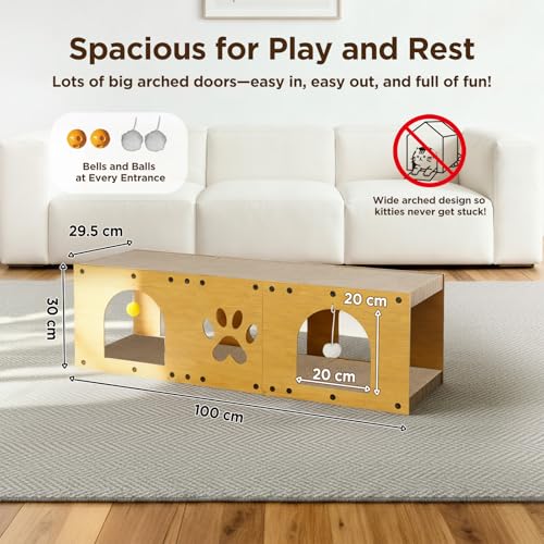 Gimars 100x30x30 cm Kratzbrett Katzen mit Spielball,Tunnel, Kratzpappe für Katzen groß XXL Katzenhaus Pappe, Kratzmöbel als Möbelschutz Indoor