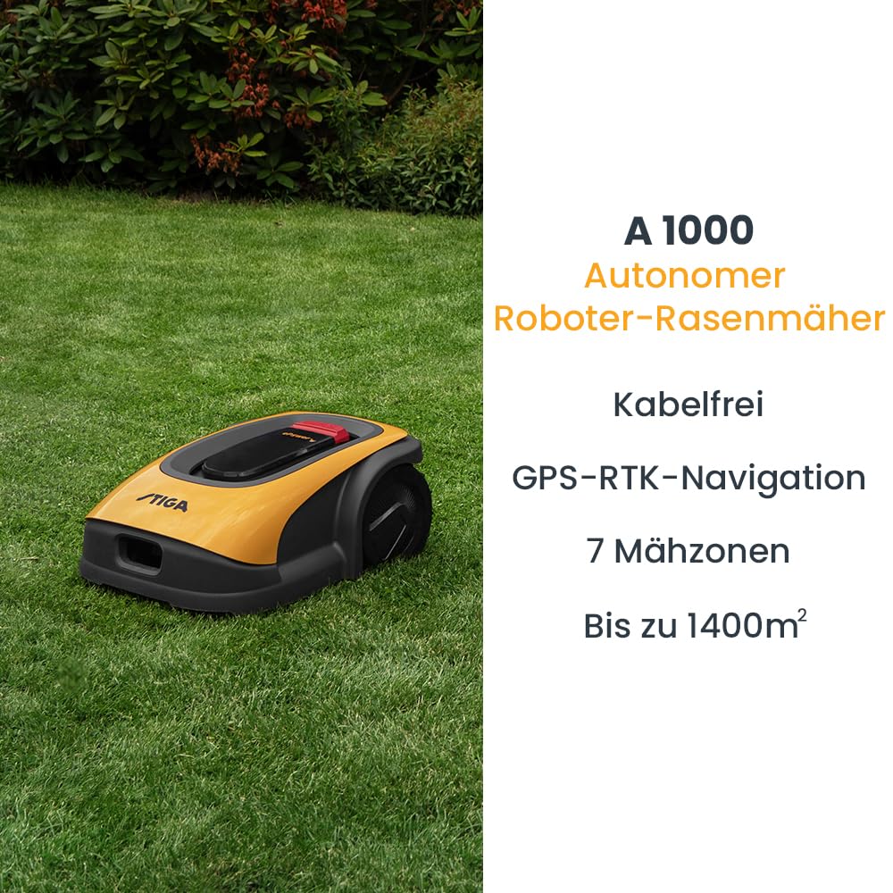 STIGA A1000 Autonomer Rasenmäher Roboter. Mähroboter ohne Begrenzungskabel (max. 1400m2). App-Steuerung, 45% Steigung, 7 Mähzonen. Rasenroboter mit GPS RTK Navigation & 4G. Antennen-FREI