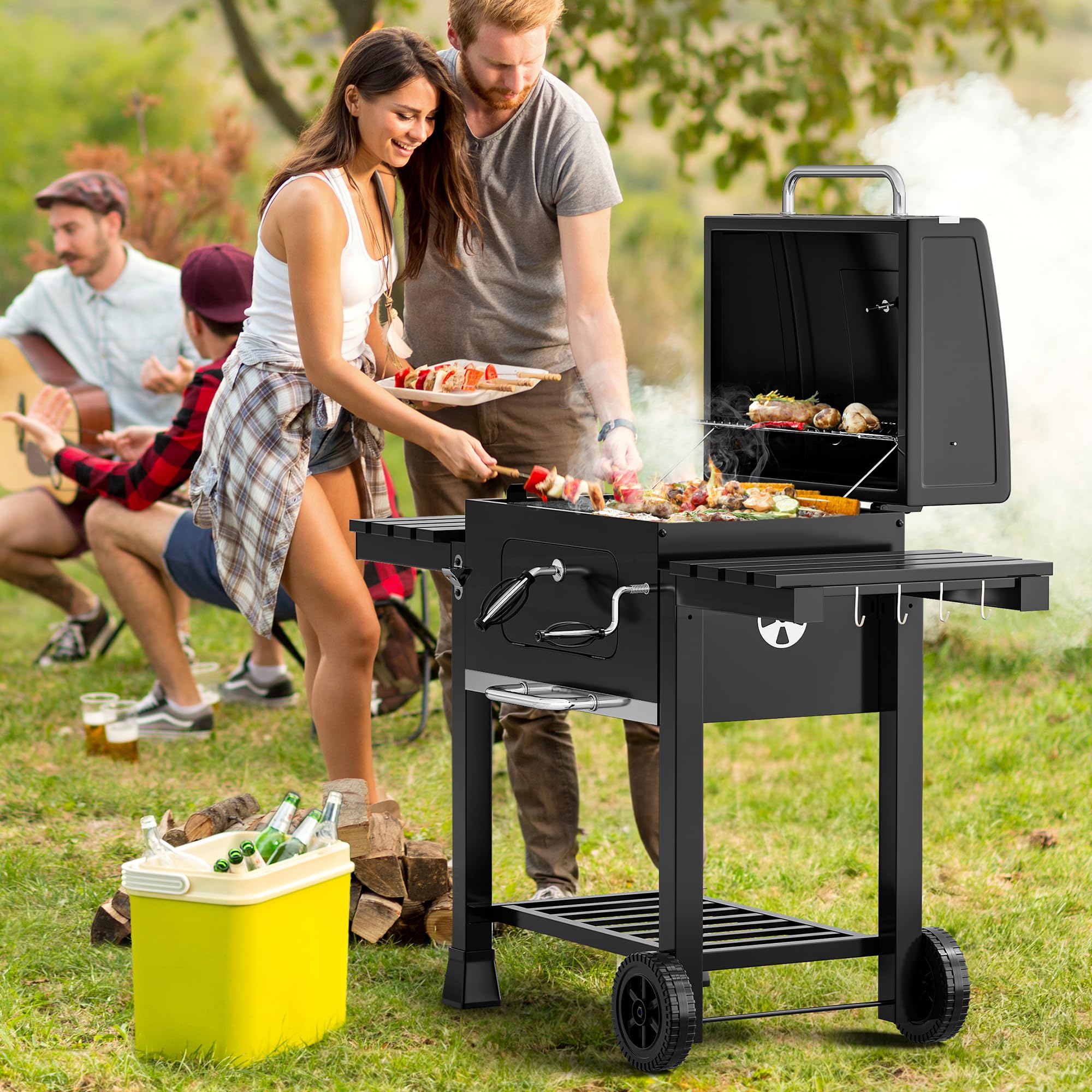 YITAHOME XXL Holzkohlegrill BBQ Smoker Grillwagen mit Deluxe Gusseisenrost & Emaille-Kohlenstoffpfanne, Thermometer, Standgrill für Party, Camping, Garten, inkl. Küchenzange und Handschuh