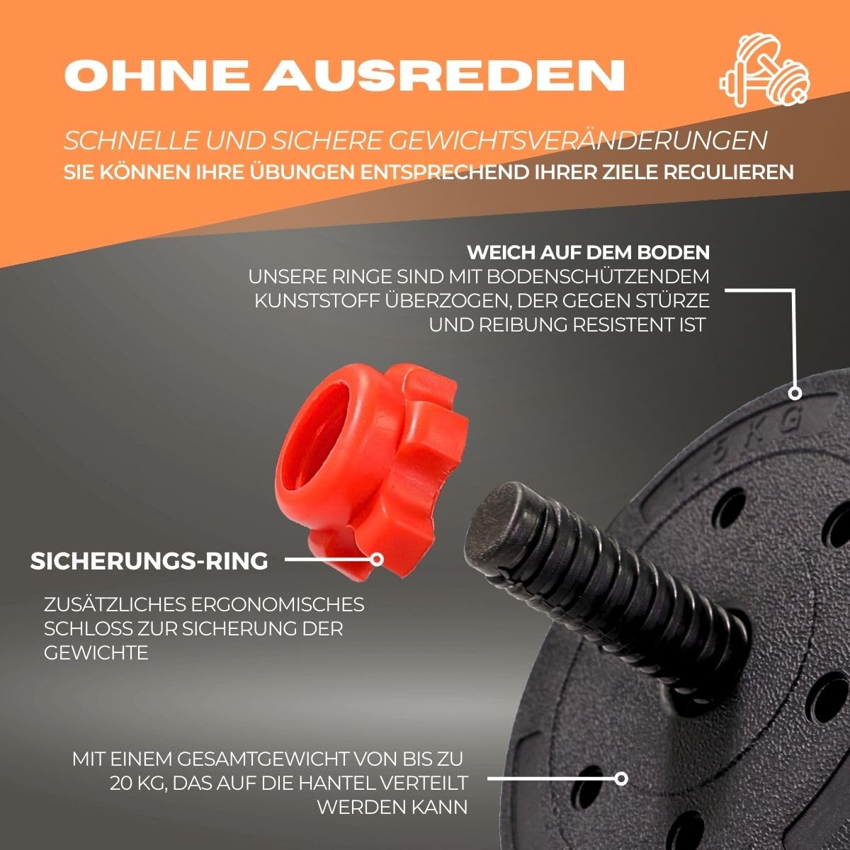 Mobiclinic® fitness, Hantelset verstellbar, 2 in 1, Extenfit, Gewicht von 2-20 kg, Enthält hanteln und gepolsterte verlängerungsstange, Rutschfeste muttern, Robuster stahl, Heim-fitnessstudio