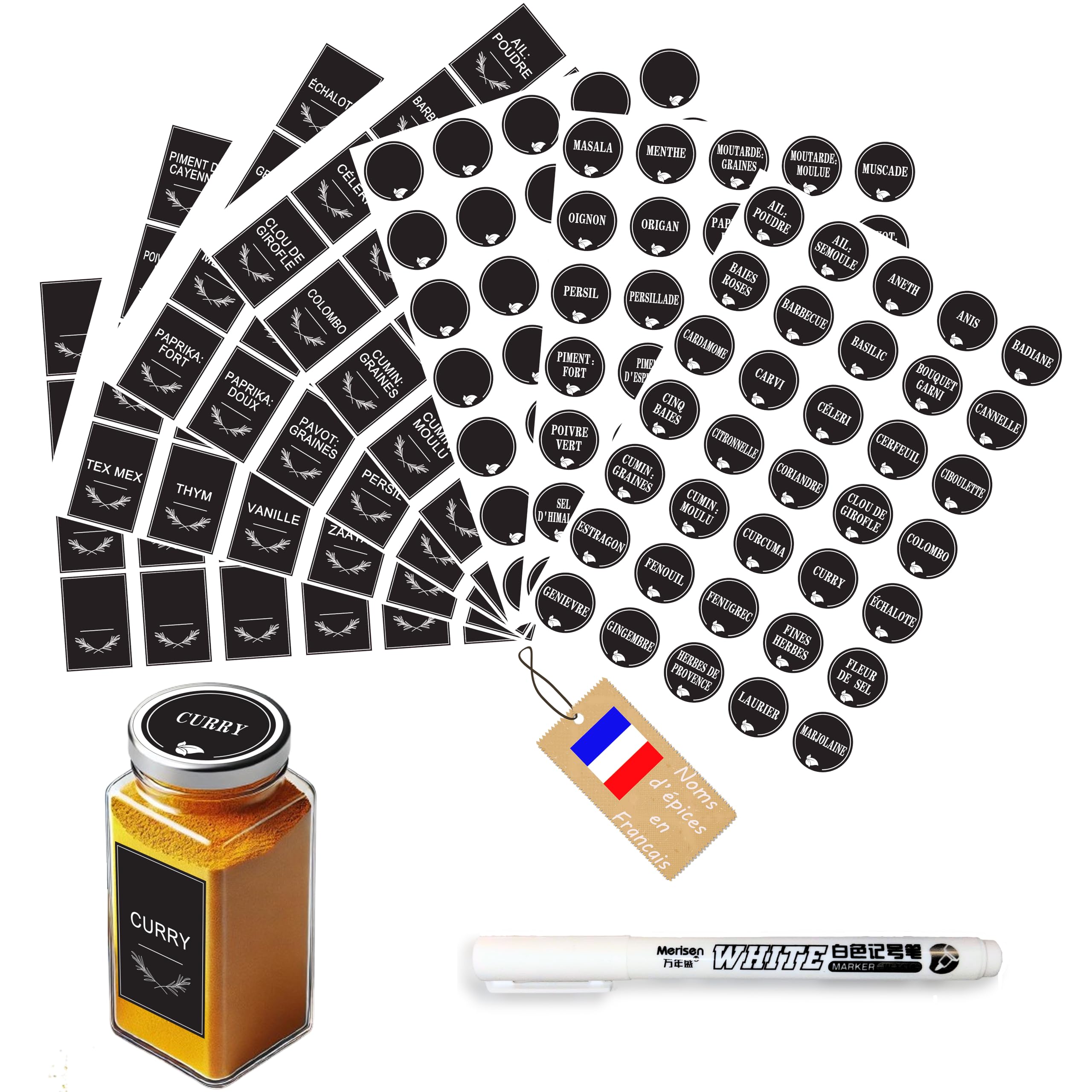 Französische Gewürzetiketten für Einmachgläser – 200 selbstklebende Sticker schwarz – rund & rechteckig – weißer Marker inklusive – Küche organisiert & lesbar