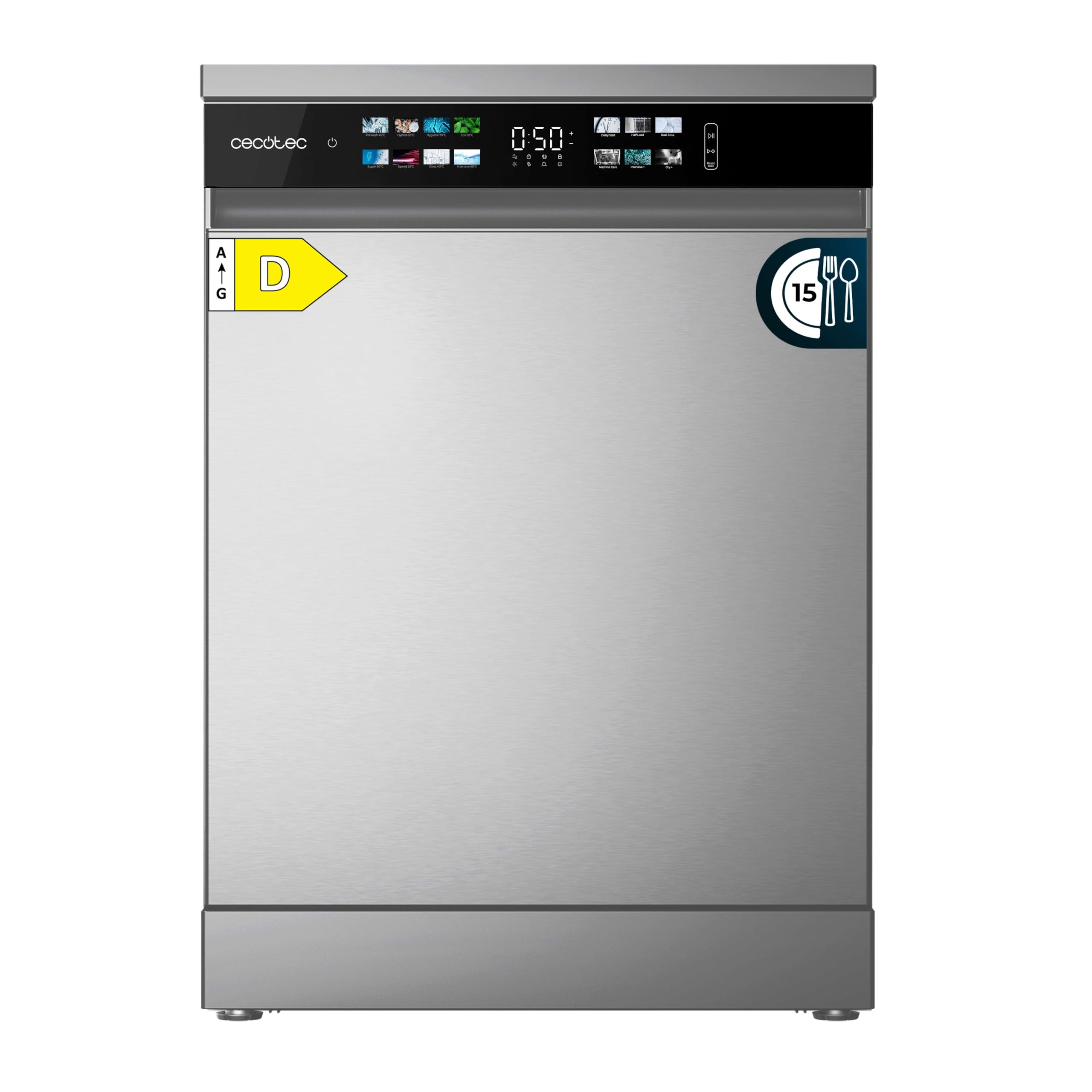 Cecotec Geschirrspüler 60 cm - Freistehend Bolero Aguazero 6210 Inox D. 15 Bestecke, energieeffizient, XXL Fullcolor Display, drittes Fach, 14 Programme, Dual Zone Wash, verstellbares Fach, Edelstahl