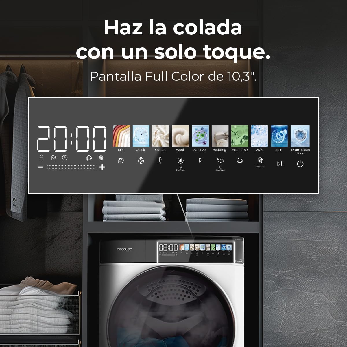 Cecotec Waschmaschine 10kg Frontlader Autodosis Bolero DressCode 10900 Autodose Inverter FullColor A. 1400 U/min, geringer Verbrauch, 10,3"-Bildschirm, 11 Prog, Inverter Plus-Motor, Dampffunktion