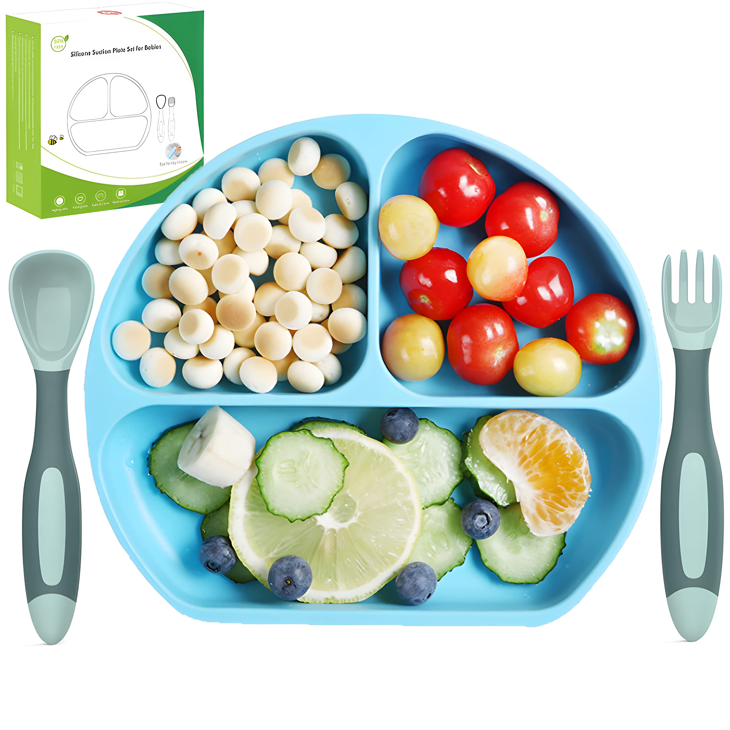 Hallo Nature Babyplatte mit Saugnapf inklusive Kinderbesteck, Anti-Rutsch-Kindergeschirr, Silikonplatte für Babybrei, Kinderteller, BPA-freier Tischgeschirr, Kindertischset, Farbe: blau