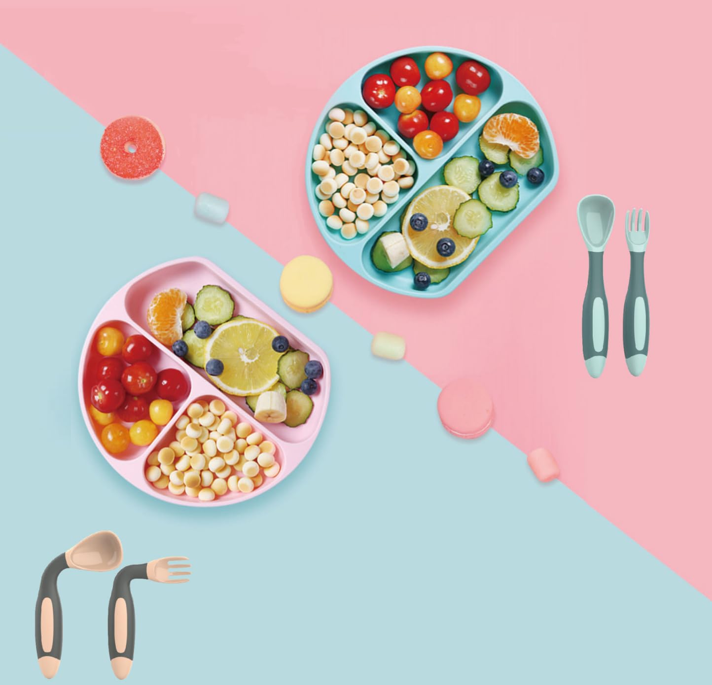 Hallo Nature Babyplatte mit Saugnapf inklusive Kinderbesteck, Anti-Rutsch-Kindergeschirr, Silikonplatte für Babybrei, Kinderteller, BPA-freier Tischgeschirr, Kindertischset, Farbe: blau