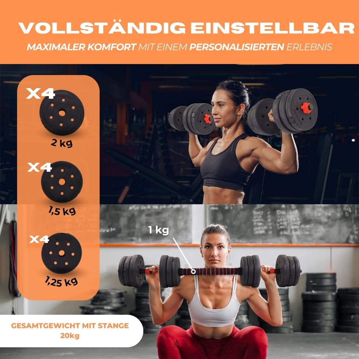 Mobiclinic® fitness, Hantelset verstellbar, 2 in 1, Extenfit, Gewicht von 2-20 kg, Enthält hanteln und gepolsterte verlängerungsstange, Rutschfeste muttern, Robuster stahl, Heim-fitnessstudio