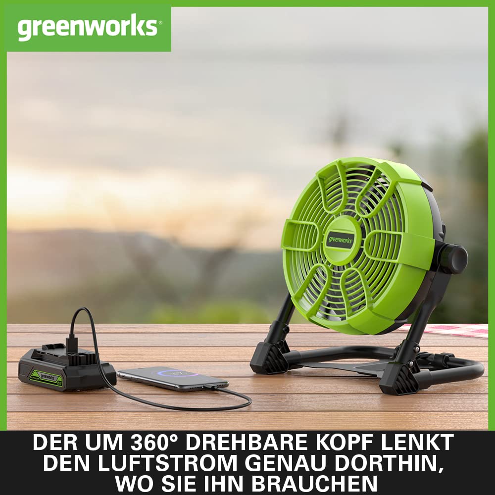 Greenworks G24FAN Akku-Hybrid-Ventilator mit Haken zum Aufhängen, 25,4cm Durchmesser, 2600 U/min, 5 Geschwindigkeitsstufen, 360° drehbarer Kopf, kompatibel mit AC-Kabel, OHNE 24V Akku & Ladegerät