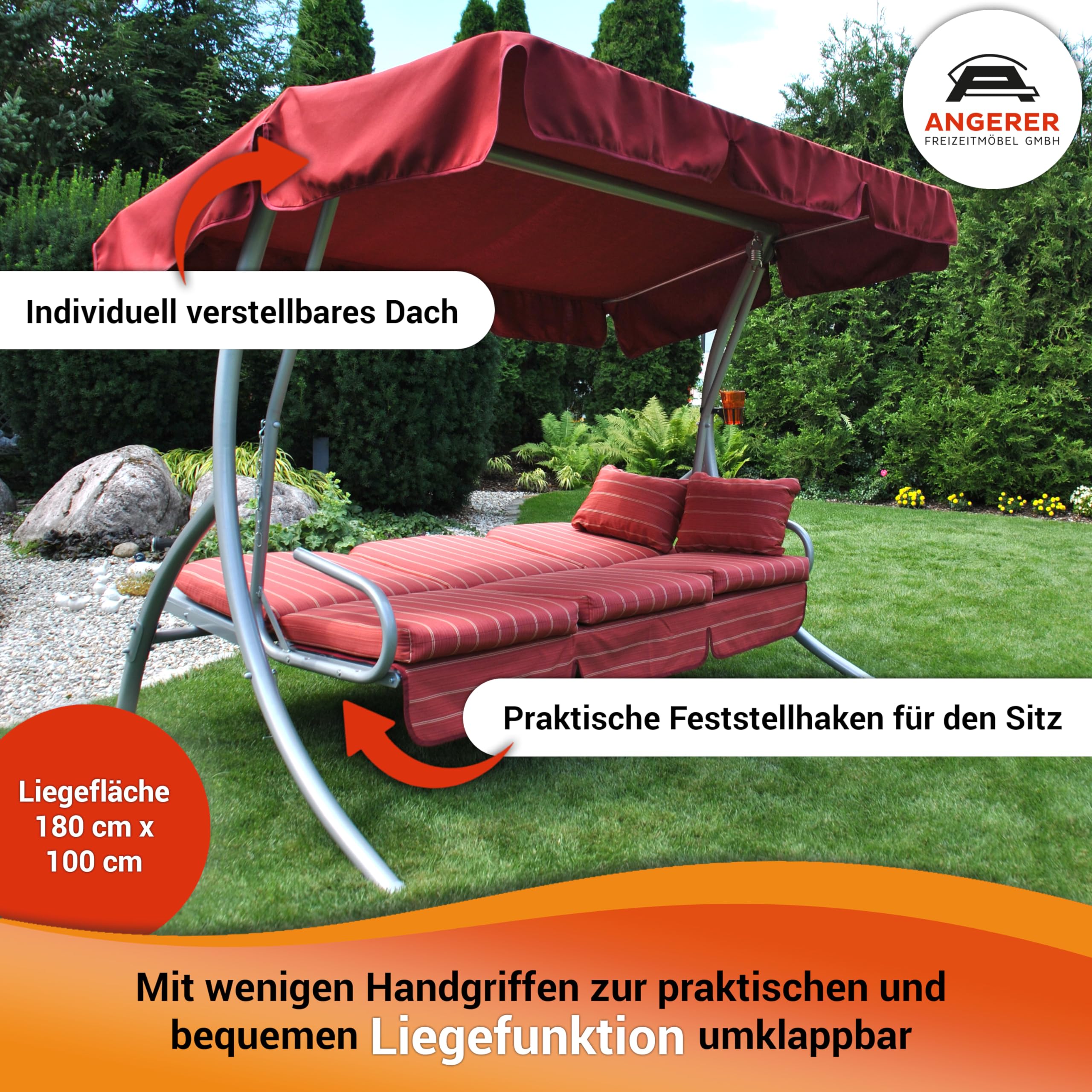 Angerer Hollywoodschaukel Ibiza – Schaukel zum Sitzen, Liegen & Entspannen, inkl. Bett-Funktion, einfache Montage, Made in Germany, hochwertiger Stoff, Bordeaux mit Streifen