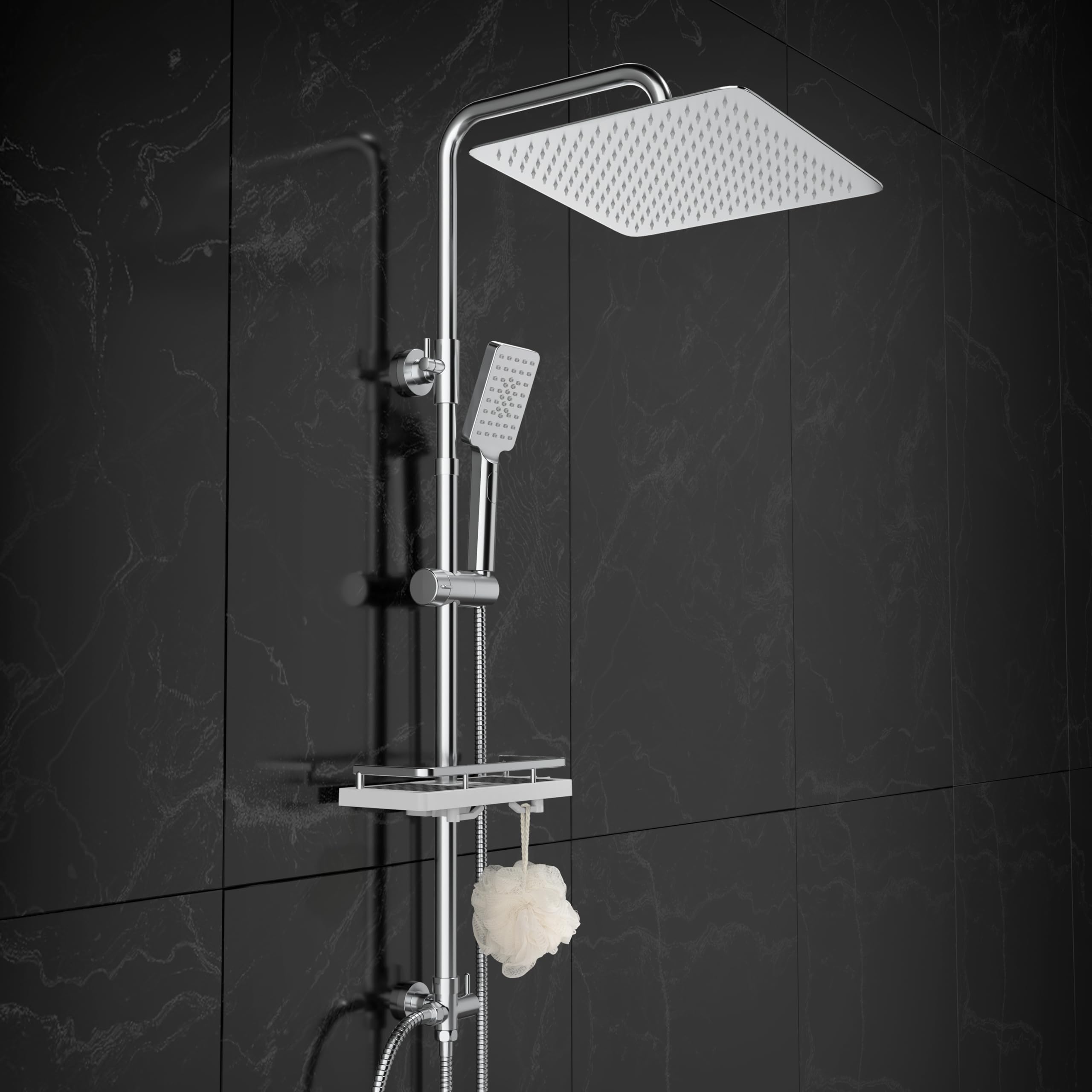 Görbach Regendusche Duschset ohne Armatur mit Ablage, Edelstahl Duschsystem mit Duschregal, Duschstange, Wassersparend, Kopfbrause 25x25cm Chrom