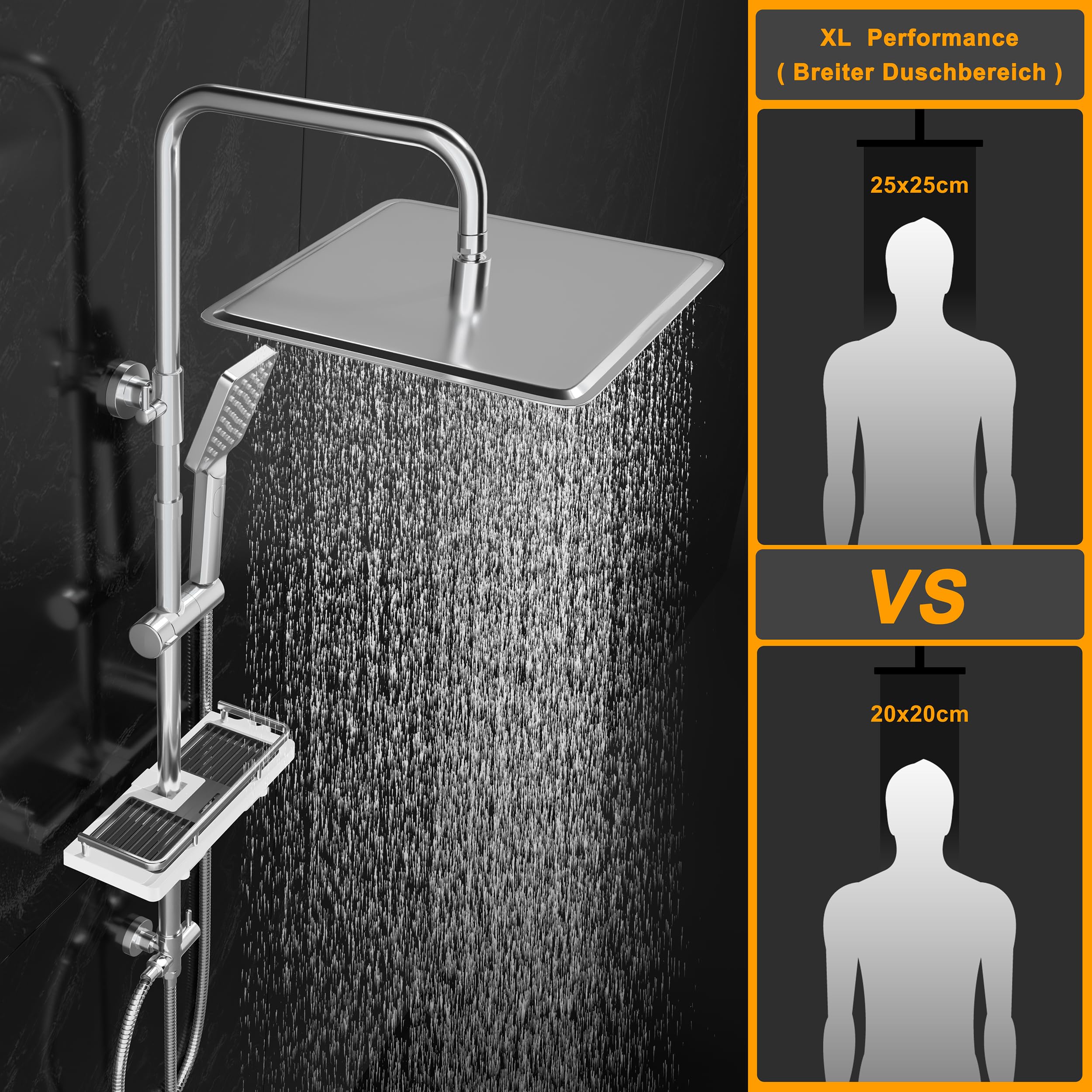Görbach Regendusche Duschset ohne Armatur mit Ablage, Edelstahl Duschsystem mit Duschregal, Duschstange, Wassersparend, Kopfbrause 25x25cm Chrom