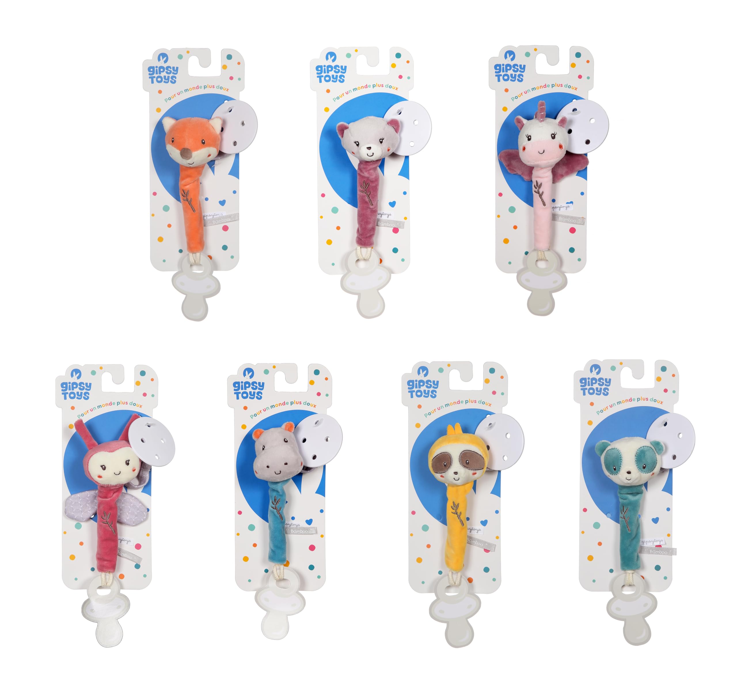 GIPSY Toys – Plüschtier – Schnullerhalter – Serie "Bamboo" – 13 cm S/Karte – Blau und Grau – 1. Alter