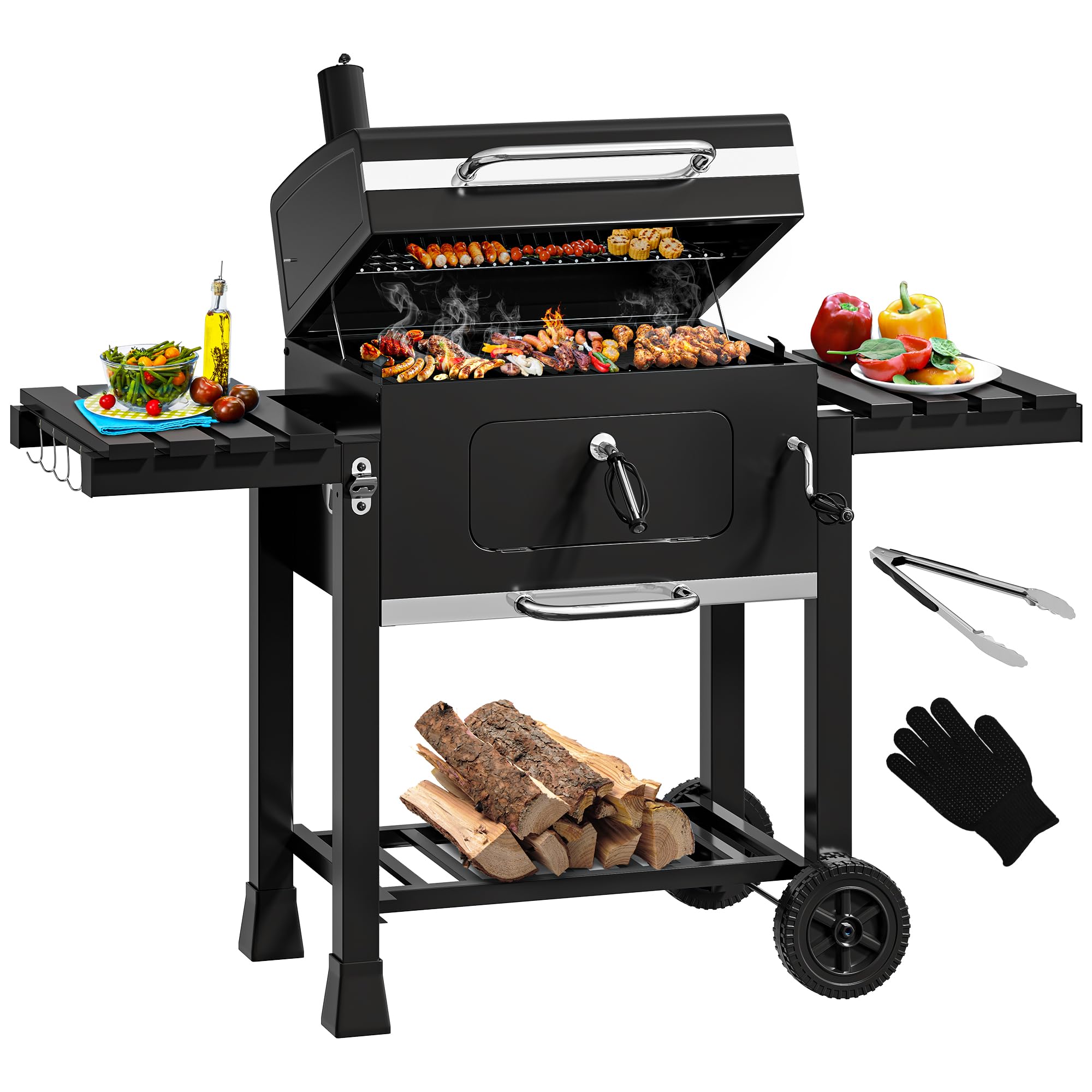 YITAHOME XXL Holzkohlegrill BBQ Smoker Grillwagen mit Deluxe Gusseisenrost & Emaille-Kohlenstoffpfanne, Thermometer, Standgrill für Party, Camping, Garten, inkl. Küchenzange und Handschuh