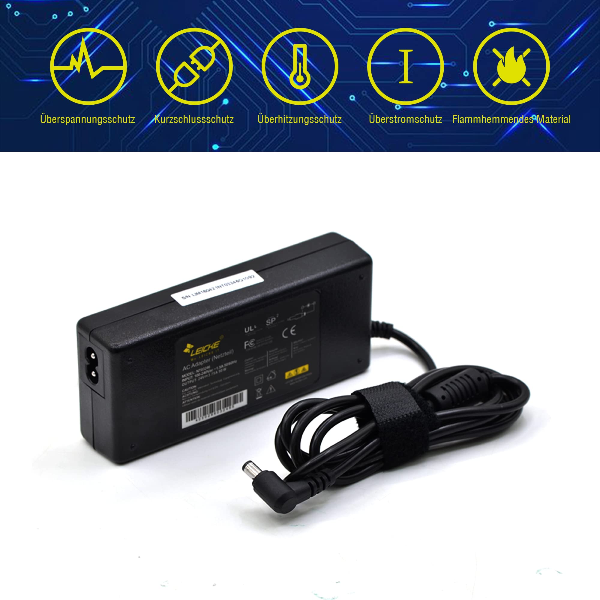 LEICKE Netzteil 24V 3.75A | Ladegerät 90W für MeanWell GS90A24-P1M, LED-Leuchte, Festplatten, Drucker, TFT & LCD Monitor